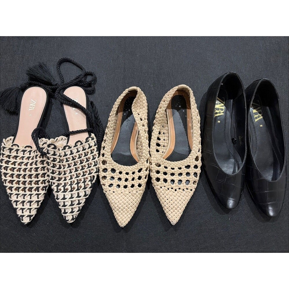 Lot of 3 Zara Tan Beige Black Woven Ballet Flats Pointed Women's Sz 38 (7-7.5)
